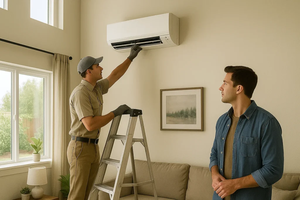 Technician inspects ductless heat pump wall unit in Richland WA living room