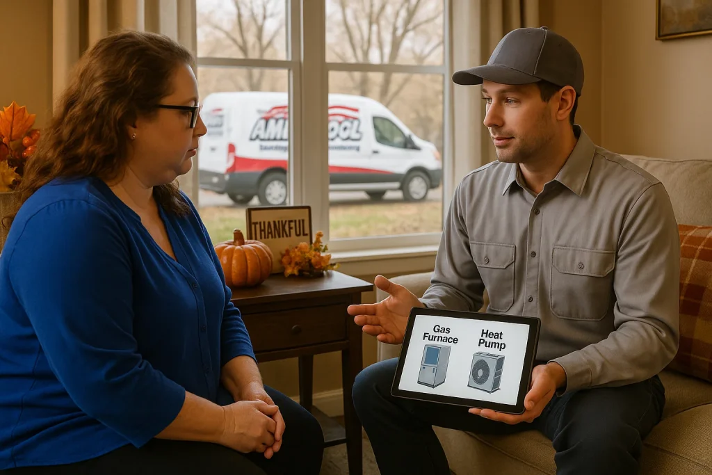 HVAC technician comparing furnace and heat pump options with homeowner in Pasco