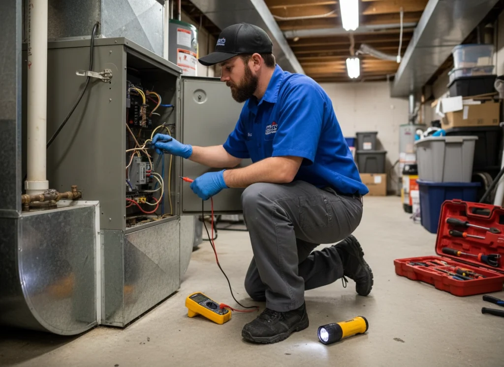 HVAC technician diagnosing furnace with multimeter during emergency repair visit