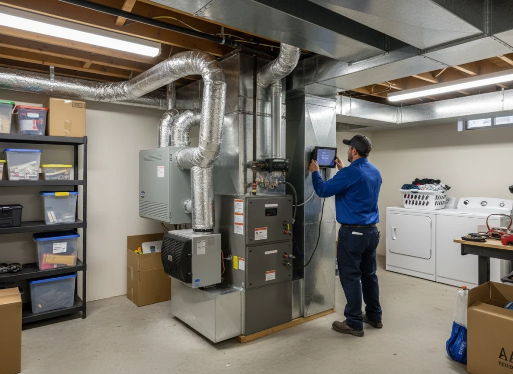 High-efficiency furnace, ERV, and zoning system professionally installed in Richland home utility room