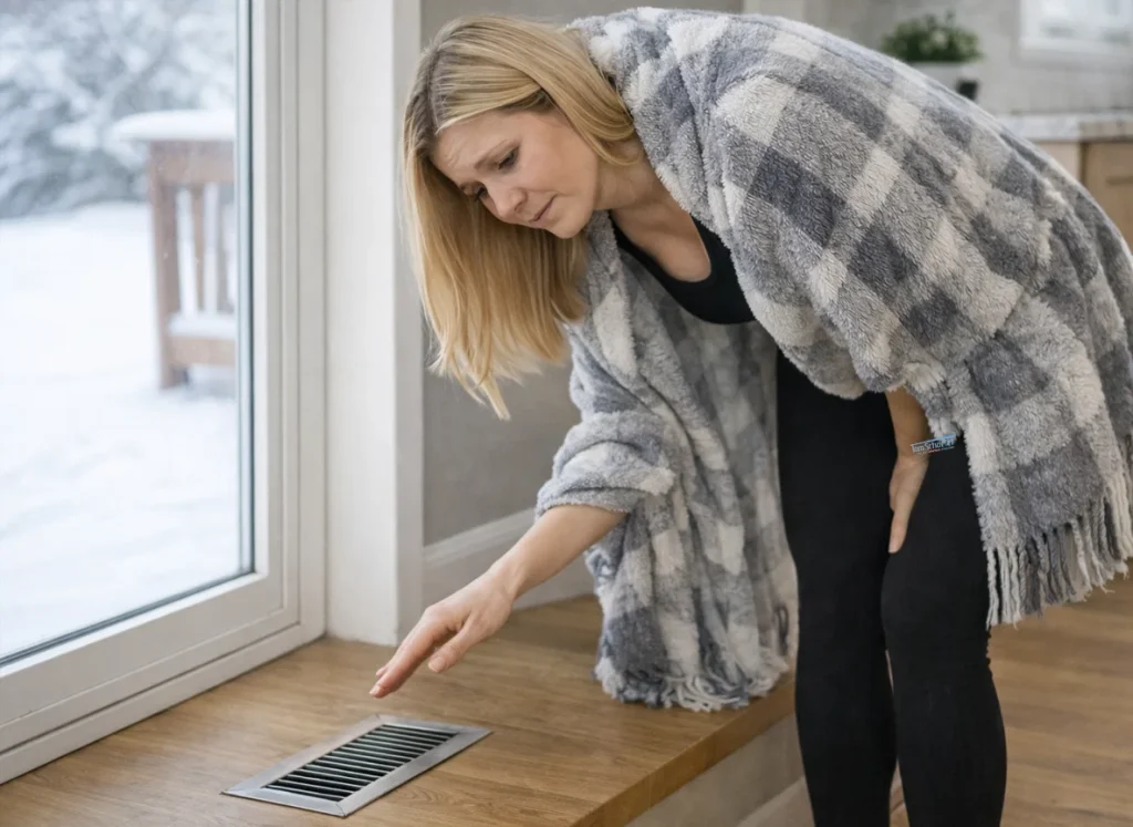 A woman hovering her hand over heat vent, wondering why it's blowing cold air.