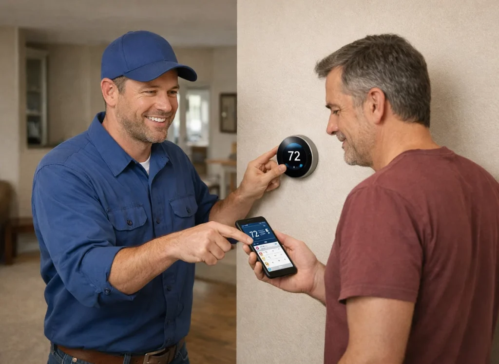 An HVAC technician showing a homeowner the benefits of a smart thermostat