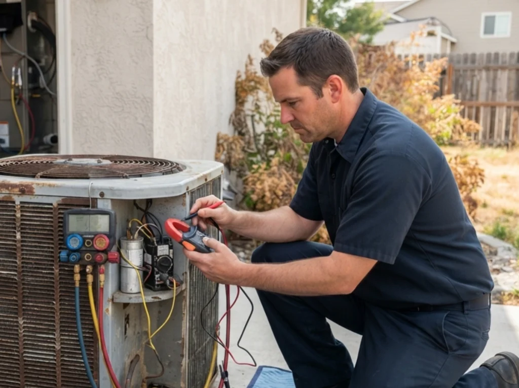 HVAC technician evaluating an older AC for repair or replacement