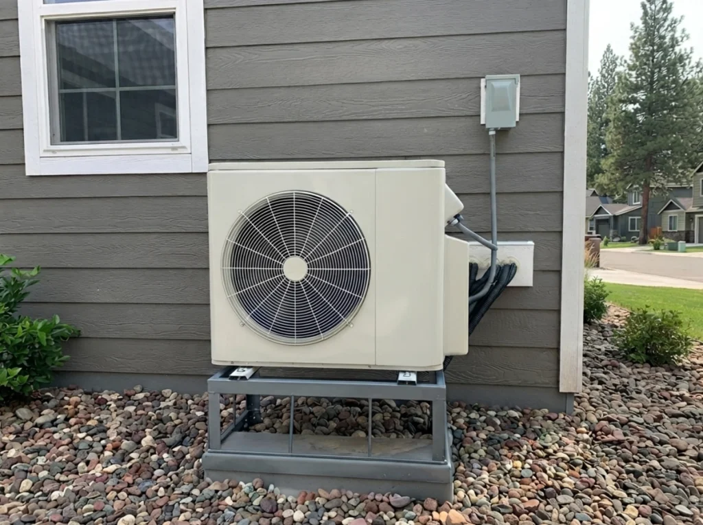 A newly installed heat pump on the side of a home.